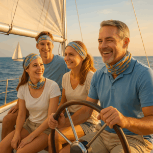 Familie oder Freunde auf einem Segelboot mit Multiloop Schlauchtüchern bei Sonnenuntergang