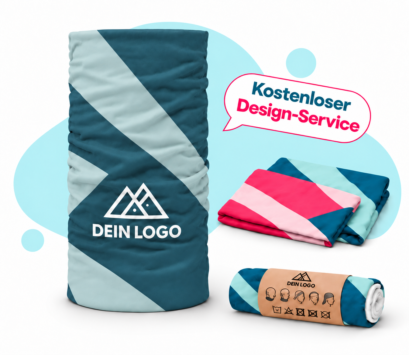 Individuell bedruckter Schlauchschal mit Beispiellogo, zwei gefaltete Varianten und ein kleiner gerollter Loop mit Kraftpapierbanderole. Kostenloser Design-Service.