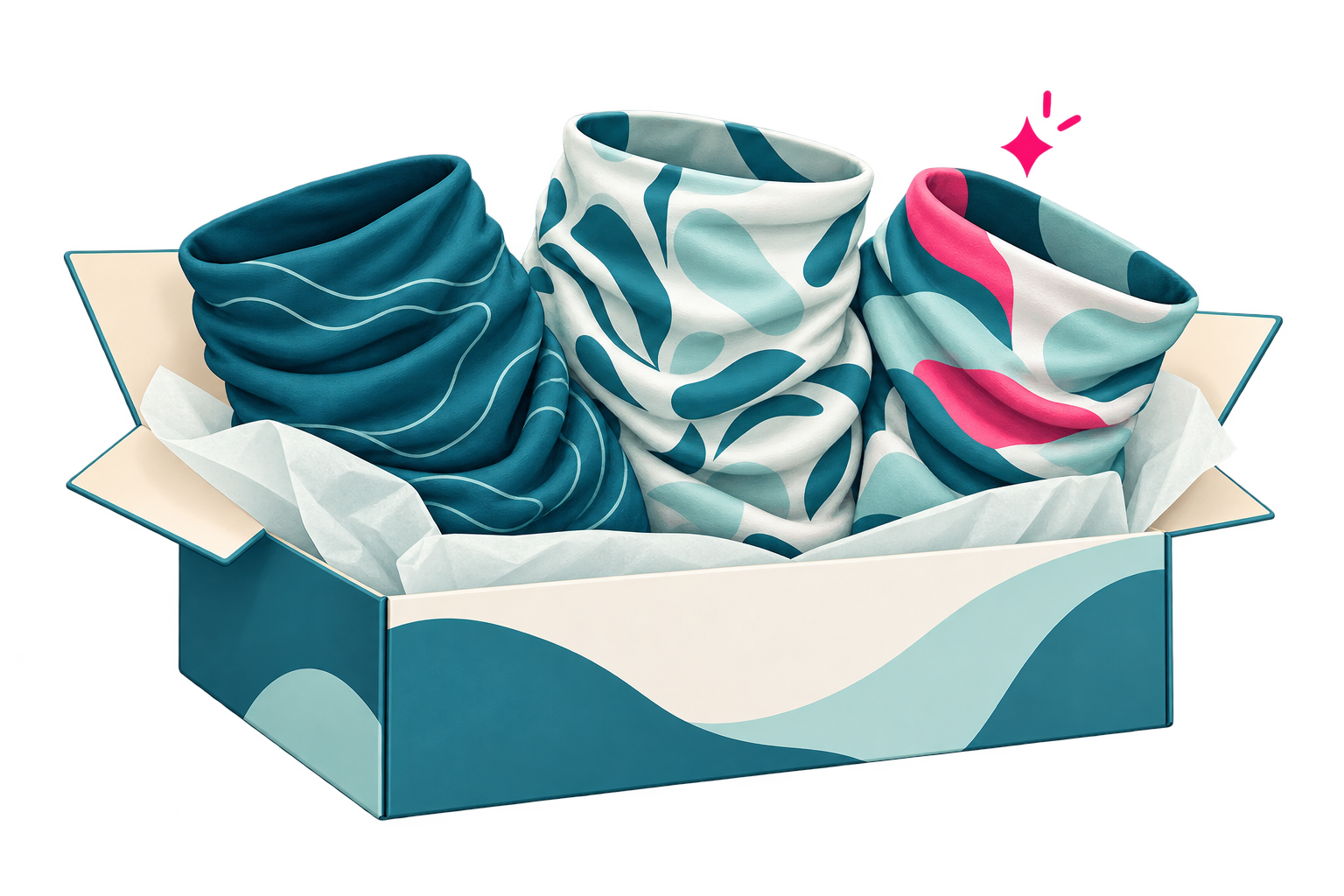 Illustration einer geöffneten Musterbox mit drei unterschiedlich gestalteten Multiloop-Schlauchschals